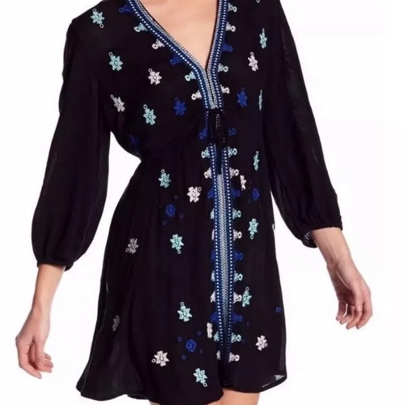 Free People Star Gazer Embroidered Peasant Mini Black Dress Size Small - Picture 2 of 9